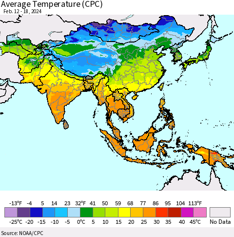 Asia Average Temperature (CPC) Thematic Map For 2/12/2024 - 2/18/2024