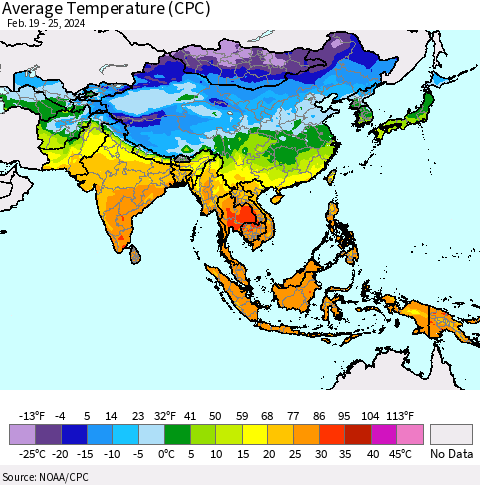 Asia Average Temperature (CPC) Thematic Map For 2/19/2024 - 2/25/2024