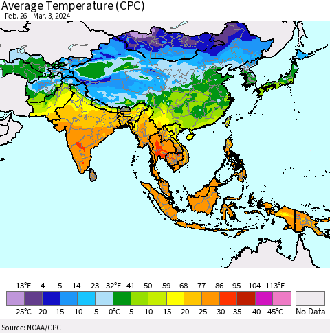 Asia Average Temperature (CPC) Thematic Map For 2/26/2024 - 3/3/2024