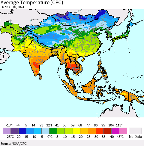Asia Average Temperature (CPC) Thematic Map For 3/4/2024 - 3/10/2024