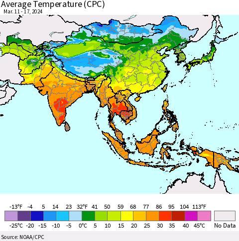 Asia Average Temperature (CPC) Thematic Map For 3/11/2024 - 3/17/2024