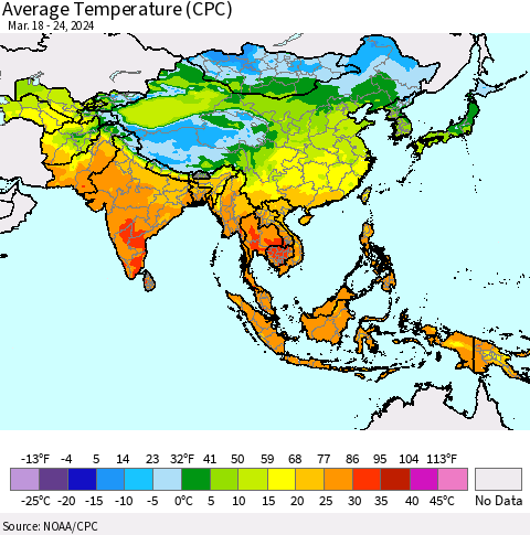 Asia Average Temperature (CPC) Thematic Map For 3/18/2024 - 3/24/2024