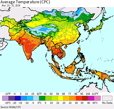 Asia Average Temperature (CPC) Thematic Map For 3/25/2024 - 3/31/2024