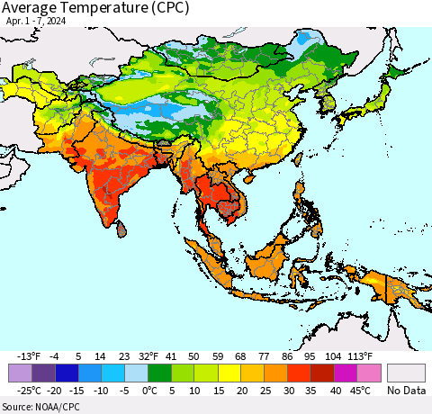 Asia Average Temperature (CPC) Thematic Map For 4/1/2024 - 4/7/2024