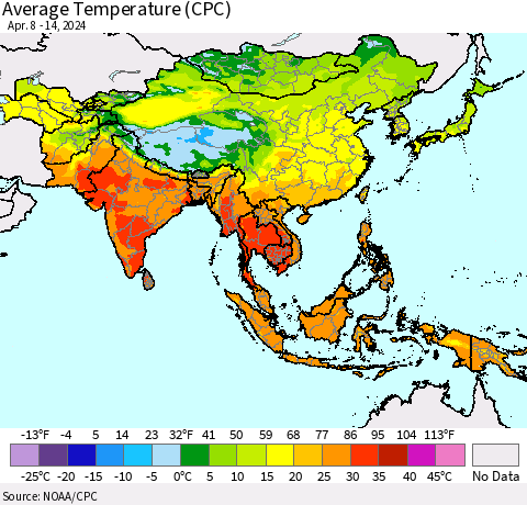 Asia Average Temperature (CPC) Thematic Map For 4/8/2024 - 4/14/2024