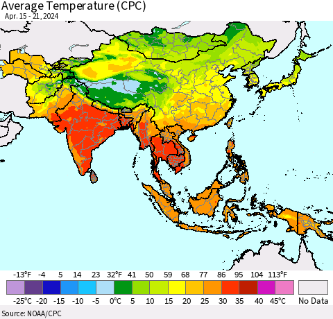 Asia Average Temperature (CPC) Thematic Map For 4/15/2024 - 4/21/2024