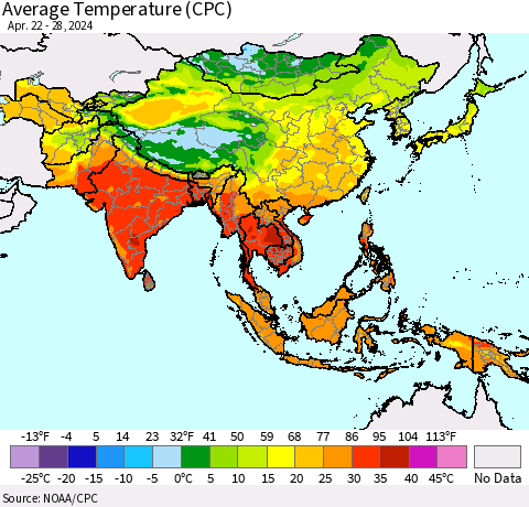 Asia Average Temperature (CPC) Thematic Map For 4/22/2024 - 4/28/2024
