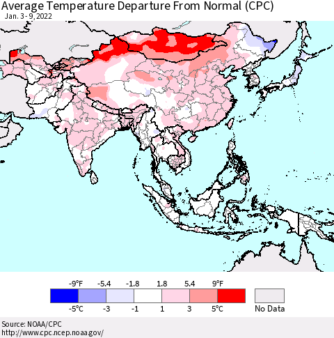 Asia Average Temperature Departure from Normal (CPC) Thematic Map For 1/3/2022 - 1/9/2022