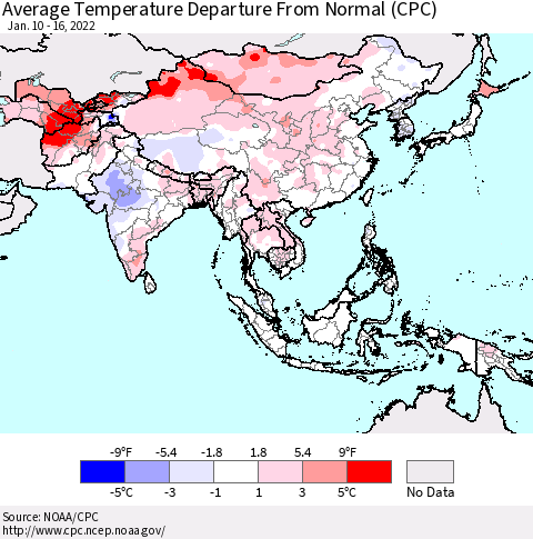 Asia Average Temperature Departure from Normal (CPC) Thematic Map For 1/10/2022 - 1/16/2022