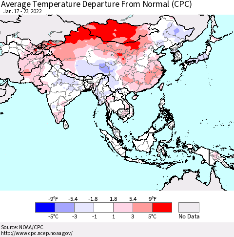 Asia Average Temperature Departure from Normal (CPC) Thematic Map For 1/17/2022 - 1/23/2022