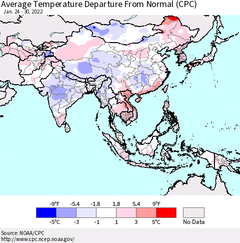 Asia Average Temperature Departure from Normal (CPC) Thematic Map For 1/24/2022 - 1/30/2022