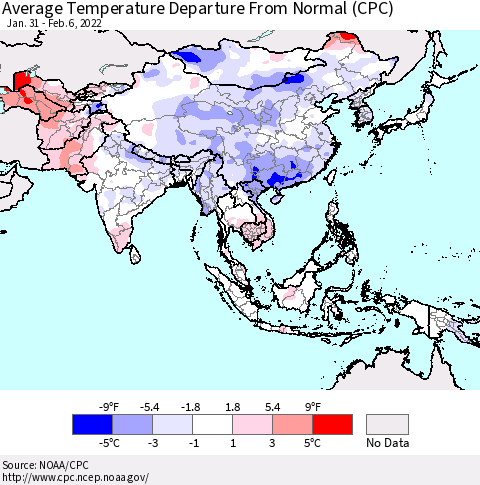 Asia Average Temperature Departure from Normal (CPC) Thematic Map For 1/31/2022 - 2/6/2022