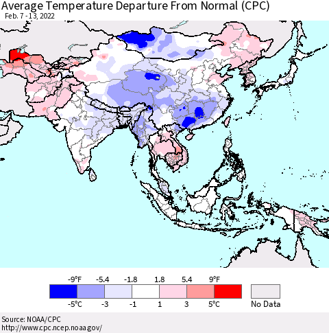Asia Average Temperature Departure from Normal (CPC) Thematic Map For 2/7/2022 - 2/13/2022