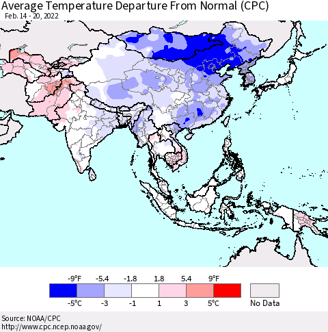 Asia Average Temperature Departure from Normal (CPC) Thematic Map For 2/14/2022 - 2/20/2022