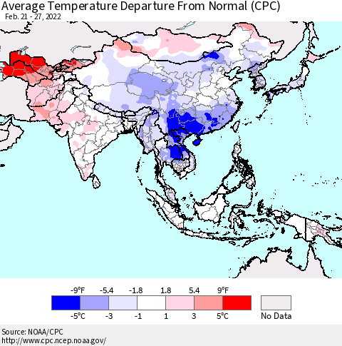 Asia Average Temperature Departure from Normal (CPC) Thematic Map For 2/21/2022 - 2/27/2022