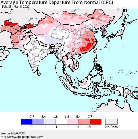 Asia Average Temperature Departure from Normal (CPC) Thematic Map For 2/28/2022 - 3/6/2022