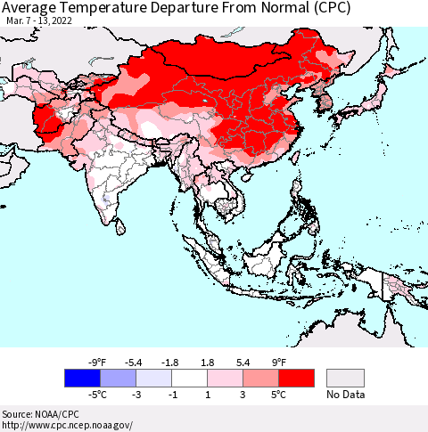 Asia Average Temperature Departure from Normal (CPC) Thematic Map For 3/7/2022 - 3/13/2022