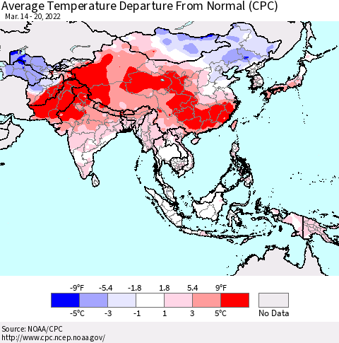 Asia Average Temperature Departure from Normal (CPC) Thematic Map For 3/14/2022 - 3/20/2022
