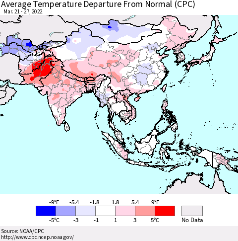 Asia Average Temperature Departure from Normal (CPC) Thematic Map For 3/21/2022 - 3/27/2022