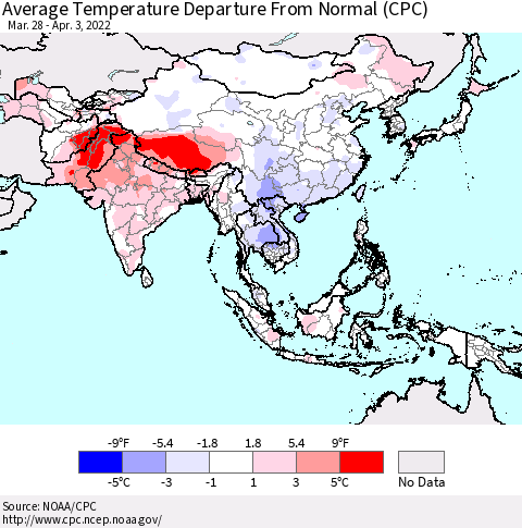 Asia Average Temperature Departure from Normal (CPC) Thematic Map For 3/28/2022 - 4/3/2022