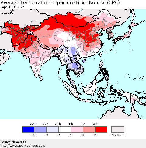 Asia Average Temperature Departure from Normal (CPC) Thematic Map For 4/4/2022 - 4/10/2022