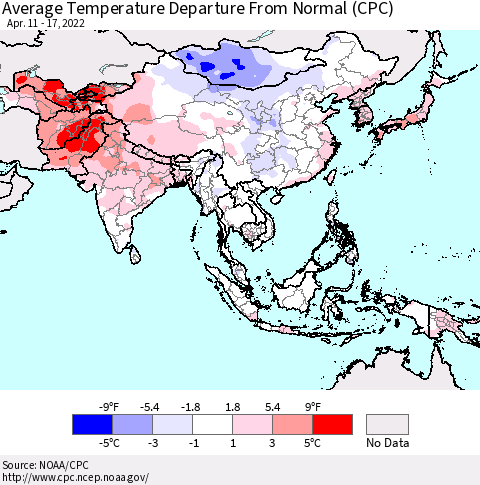 Asia Average Temperature Departure from Normal (CPC) Thematic Map For 4/11/2022 - 4/17/2022