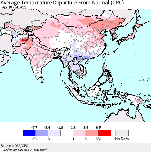 Asia Average Temperature Departure from Normal (CPC) Thematic Map For 4/18/2022 - 4/24/2022