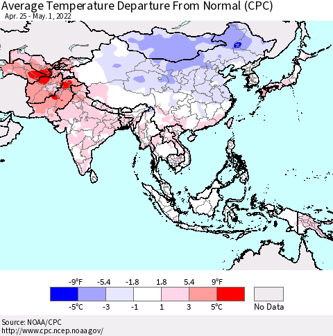 Asia Average Temperature Departure from Normal (CPC) Thematic Map For 4/25/2022 - 5/1/2022