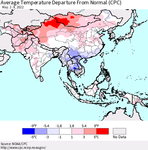 Asia Average Temperature Departure from Normal (CPC) Thematic Map For 5/2/2022 - 5/8/2022