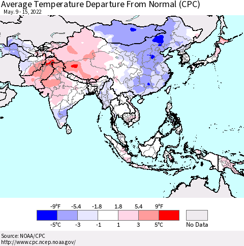 Asia Average Temperature Departure from Normal (CPC) Thematic Map For 5/9/2022 - 5/15/2022