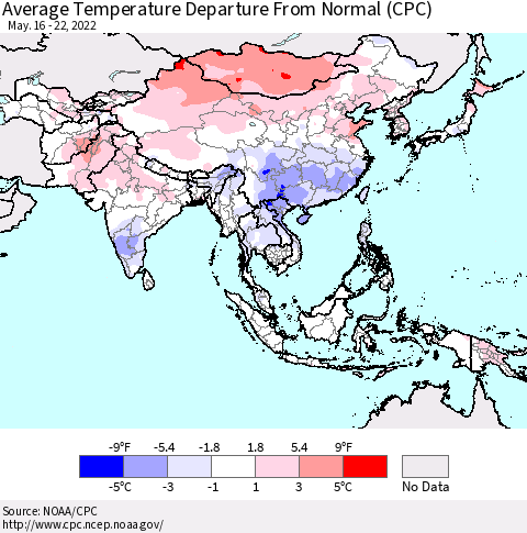 Asia Average Temperature Departure from Normal (CPC) Thematic Map For 5/16/2022 - 5/22/2022