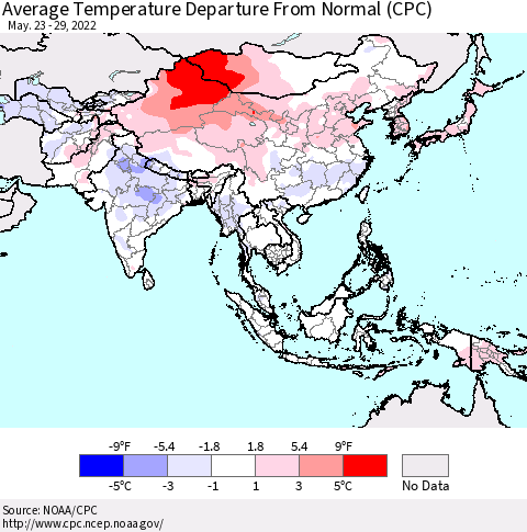 Asia Average Temperature Departure from Normal (CPC) Thematic Map For 5/23/2022 - 5/29/2022