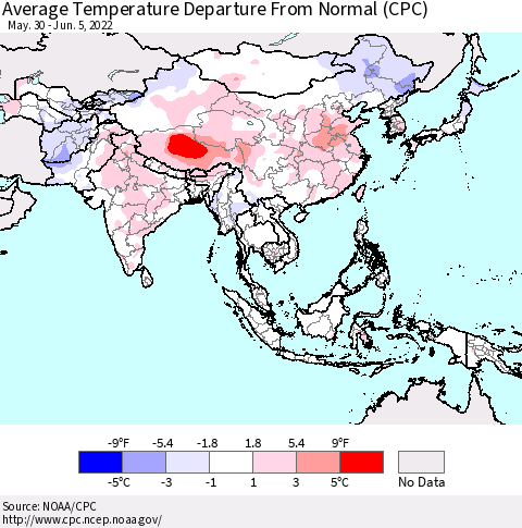 Asia Average Temperature Departure from Normal (CPC) Thematic Map For 5/30/2022 - 6/5/2022