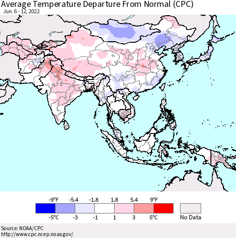 Asia Average Temperature Departure from Normal (CPC) Thematic Map For 6/6/2022 - 6/12/2022