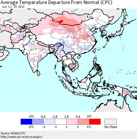 Asia Average Temperature Departure from Normal (CPC) Thematic Map For 6/13/2022 - 6/19/2022