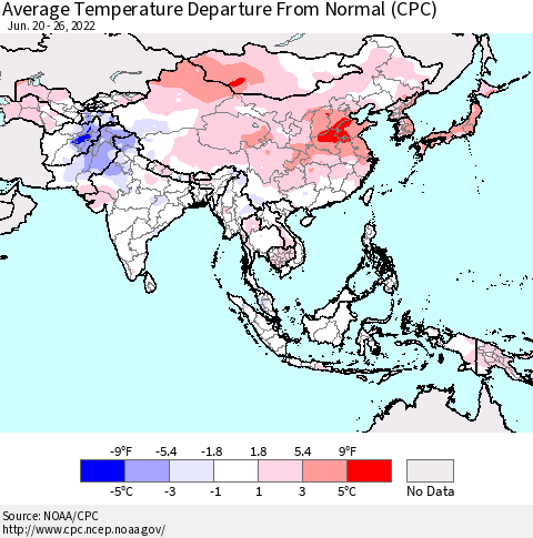 Asia Average Temperature Departure from Normal (CPC) Thematic Map For 6/20/2022 - 6/26/2022