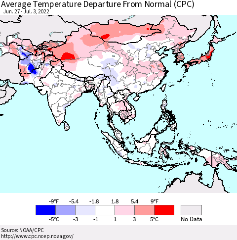 Asia Average Temperature Departure from Normal (CPC) Thematic Map For 6/27/2022 - 7/3/2022