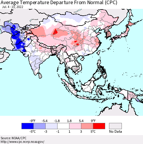 Asia Average Temperature Departure from Normal (CPC) Thematic Map For 7/4/2022 - 7/10/2022