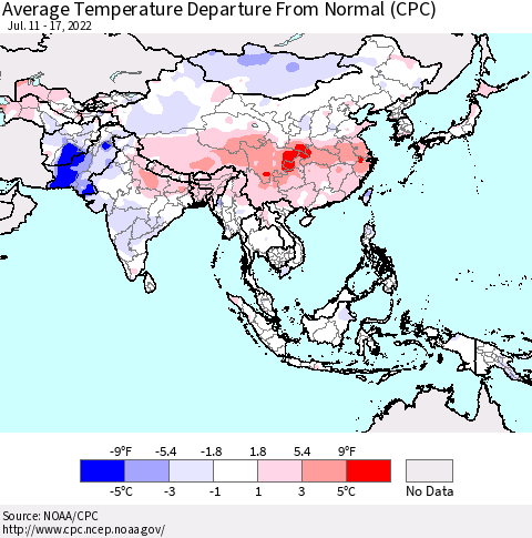 Asia Average Temperature Departure from Normal (CPC) Thematic Map For 7/11/2022 - 7/17/2022