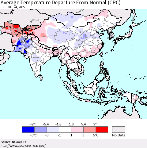 Asia Average Temperature Departure from Normal (CPC) Thematic Map For 7/18/2022 - 7/24/2022