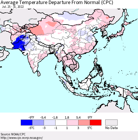 Asia Average Temperature Departure from Normal (CPC) Thematic Map For 7/25/2022 - 7/31/2022