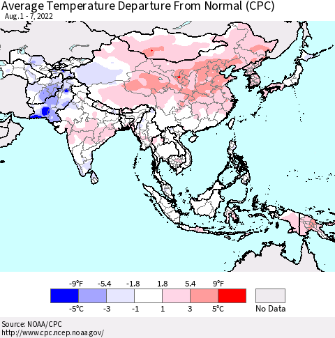 Asia Average Temperature Departure from Normal (CPC) Thematic Map For 8/1/2022 - 8/7/2022