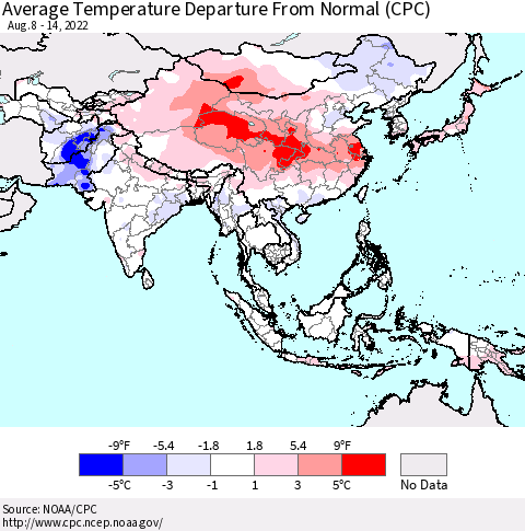 Asia Average Temperature Departure from Normal (CPC) Thematic Map For 8/8/2022 - 8/14/2022