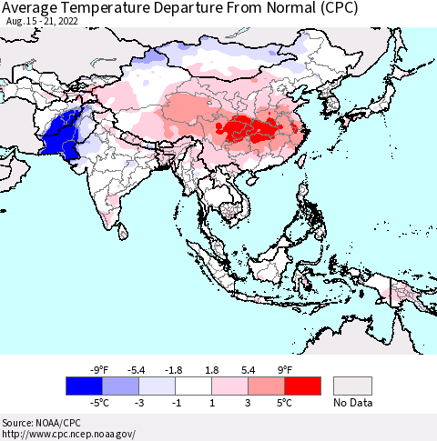 Asia Average Temperature Departure from Normal (CPC) Thematic Map For 8/15/2022 - 8/21/2022