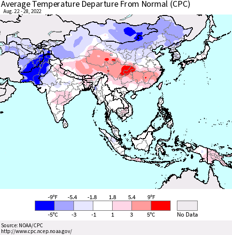 Asia Average Temperature Departure from Normal (CPC) Thematic Map For 8/22/2022 - 8/28/2022