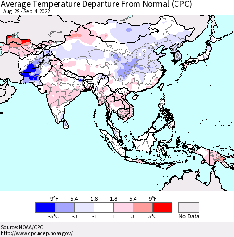 Asia Average Temperature Departure from Normal (CPC) Thematic Map For 8/29/2022 - 9/4/2022