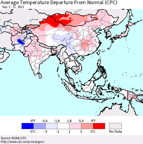 Asia Average Temperature Departure from Normal (CPC) Thematic Map For 9/5/2022 - 9/11/2022