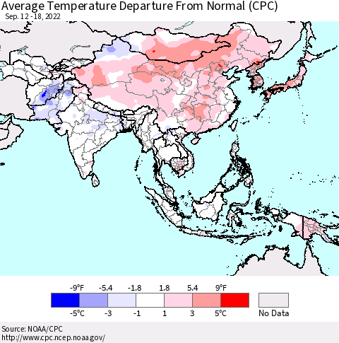 Asia Average Temperature Departure from Normal (CPC) Thematic Map For 9/12/2022 - 9/18/2022