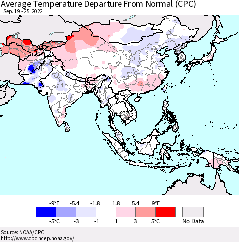 Asia Average Temperature Departure from Normal (CPC) Thematic Map For 9/19/2022 - 9/25/2022