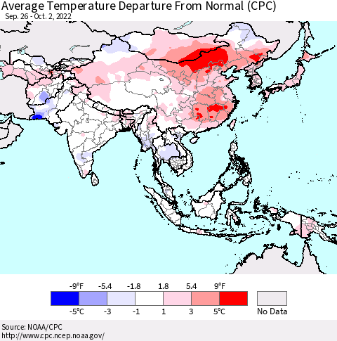 Asia Average Temperature Departure from Normal (CPC) Thematic Map For 9/26/2022 - 10/2/2022